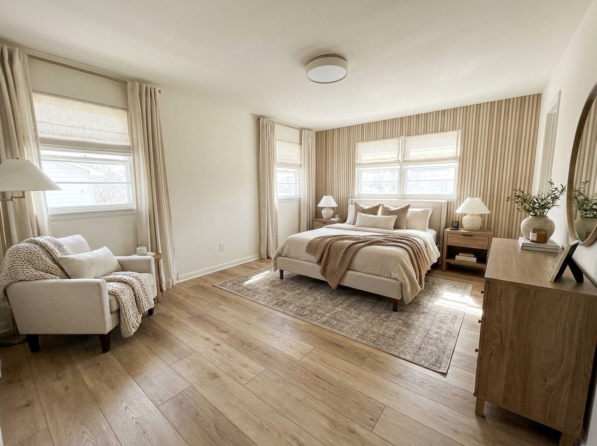 Cozy modern bedroom with accent wall after upgrade