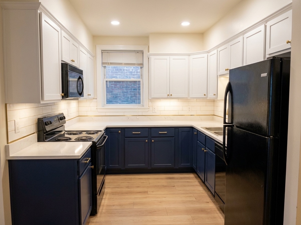 Bright two-tone white and navy kitchen after upgrade