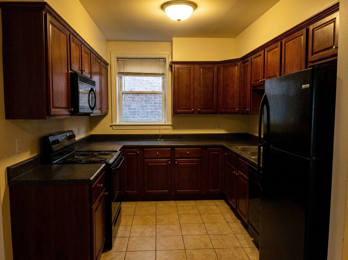 Dark cherry builder-grade kitchen before upgrade